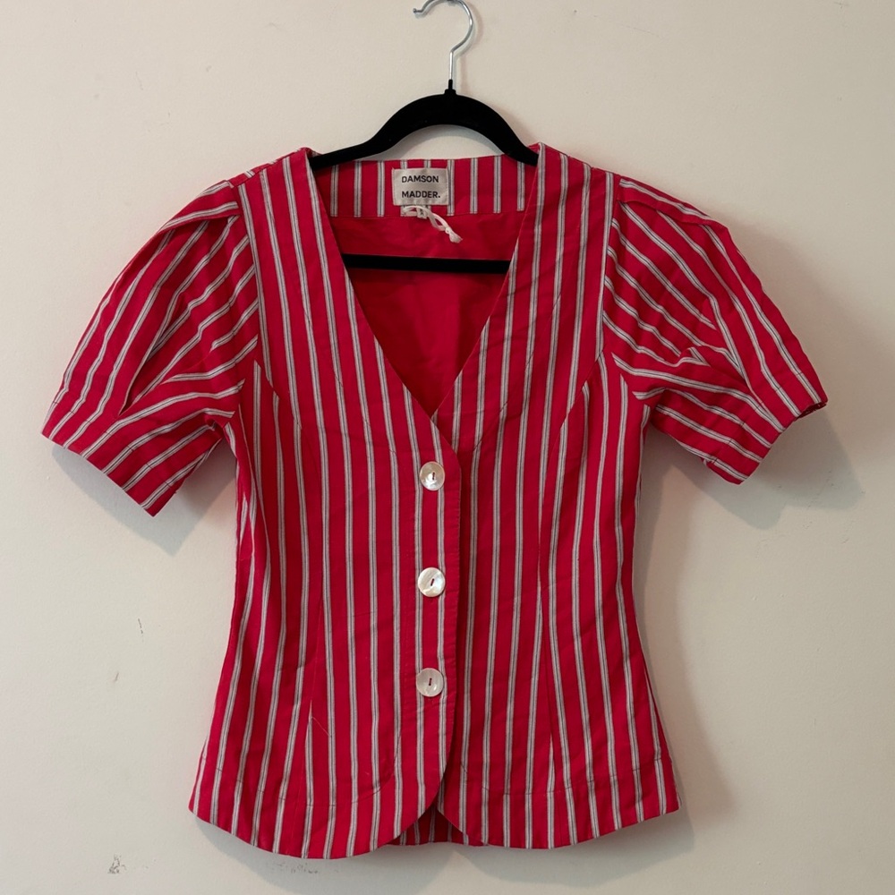 Damson Madder Pink Stripe V-Neck Button Front Blouse
